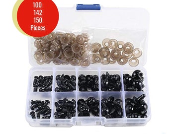 100, 142, 150 or 191 Pieces Black Safety Eyes with Washers Includes 5 Sizes 6mm 8mm 9mm 10mm 12mm Solid Black Doll Eyes Toys Amigurumi  *D12