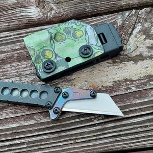 Utility Razor Knife: Flamed Stainless Steel, Green Skull Kydex Sheath