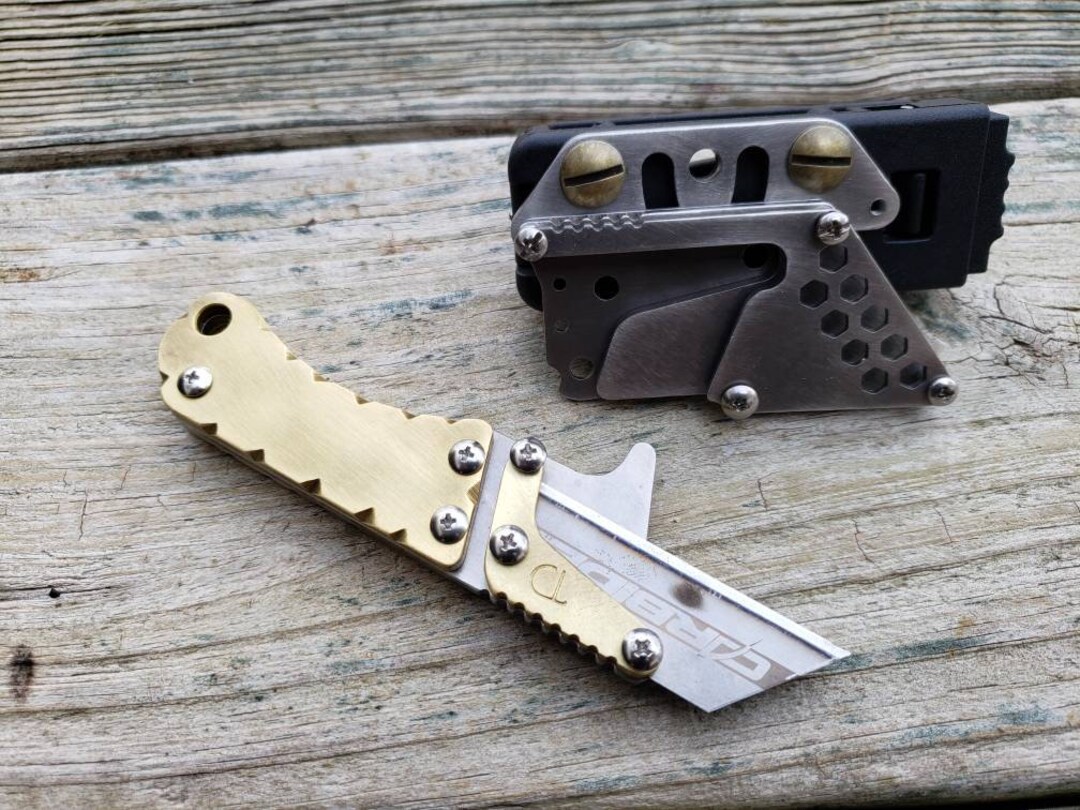 Brass Scales Utility Knife Fixed Blade Razor Unique Stainless Steel Handle  With Tactical Belt Clip Sheath EDC Every Day Carry Gift 