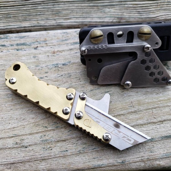 Brass Scales Utility Knife Fixed Blade Razor Unique Stainless Steel Handle with Tactical Belt Clip Sheath EDC Every Day Carry Gift