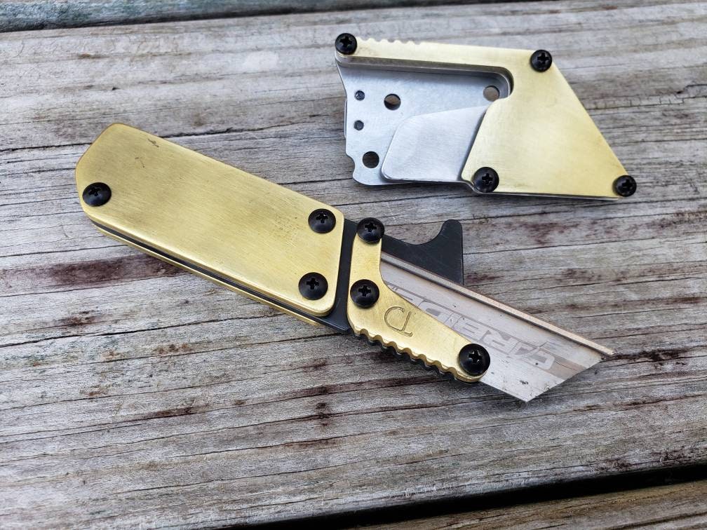 Custom Brass EDC Fixed Utility Blade SS Knife Sheath Belt Clip USA