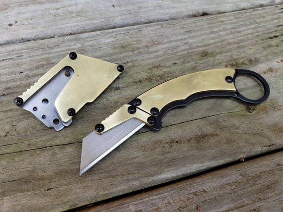 Custom Tarnished Brass EDC Fixed Utility Blade Knife Sheath Belt