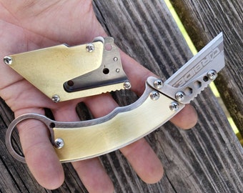 Karambit Brass Scales Utility Knife Fixed Blade Razor Unique Stainless Steel Handle with Included Belt Clip Sheath EDC Every Day Carry Gift