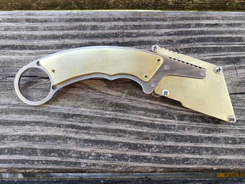 Karambit Brass Scales Utility Knife Fixed Blade Razor Unique Etsy