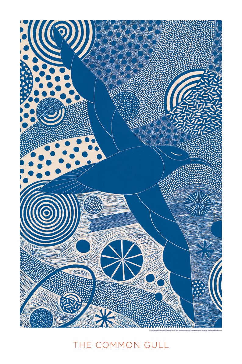 May include: A blue and white abstract print featuring a stylized bird in flight. The print is filled with various geometric shapes, including circles, dots, and lines. The text "THE COMMON GULL" is printed at the bottom of the print.