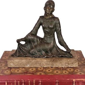 Art Deco Sculpture Woman Lounging on Stone Base Art Nouveau Spelter Bronze Sculpture Figurine