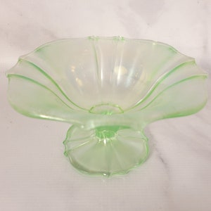 1920s Stretch Glass Iridescent Green 6" Compote Comport Line 310 U.S. Glass Tiffin Uranium Glass Depression Glass Candy Dish