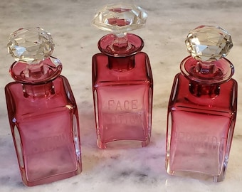 Antique Czech Cranberry Glass Vanity Set: Art Deco Bottles