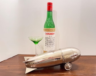 Vintage Art Deco Zeppelin Cocktail Shaker - Silver Plated Blimp Airship Barware - Mid-Century Modern Jet Age Decor