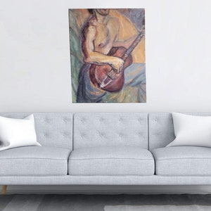 Large Expressionist Oil Painting, Man with Gibson Guitar, Original Art, 30x24, Canvas, Fauvist, Vibrant Color, MCM Art, Signed