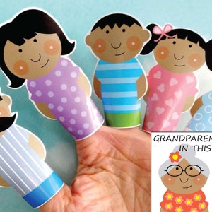 DIY Printable Finger Puppet Family PDF Printable Download - Daddy Mommy Brother Sister Baby Grandma Grandpa - Light Skin and Dark Skin