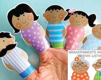 DIY Printable Finger Puppet Family PDF Printable Download - Daddy Mommy Brother Sister Baby Grandma Grandpa - Light Skin and Dark Skin