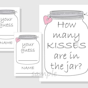 Hoeveel KISSES zitten er in de pot? Afdrukbaar spel - Rustic Mason Jar - Babyshower meisjes - vrijgezellenfeest - roze harten
