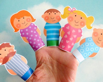 DIY Printable Finger Puppet Family PDF Printable Download - Daddy, Mommy, Brother, Sister & Baby - Light Skin and Dark Skin