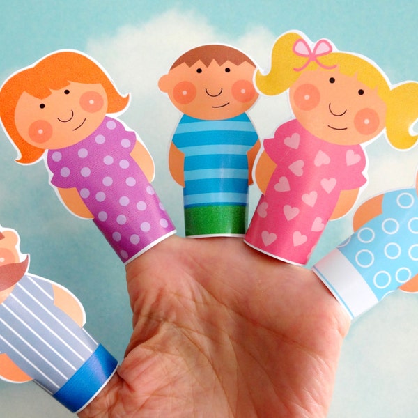Famille de marionnettes à doigt imprimables bricolage PDF Téléchargement imprimable - Papa, maman, frère, soeur et bébé - Peau claire et peau foncée