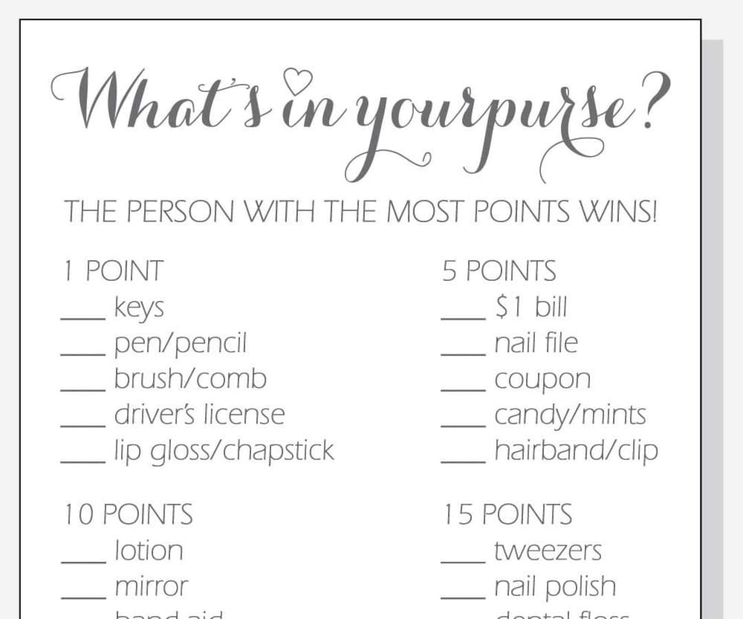 DIY What's in Your Purse? Printable Cards - Bridal Shower Game ...