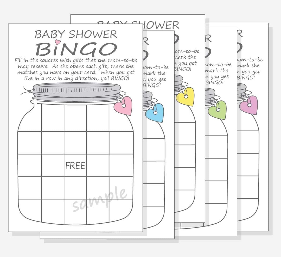 Baby Shower Bingo Printable Game Cards Mason Jar, Pink, Blue, Green