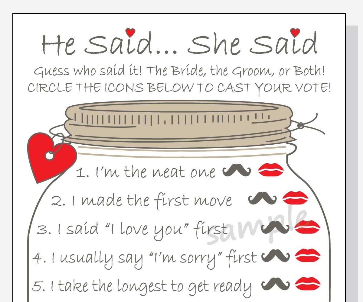 He Said... She Said Printable Cards Bridal Shower Game DIY Etsy