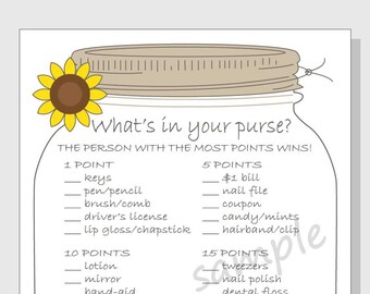 What's in your purse? Printable Bridal Shower Game -  Rustic Mason Jar with Sunflower DIY