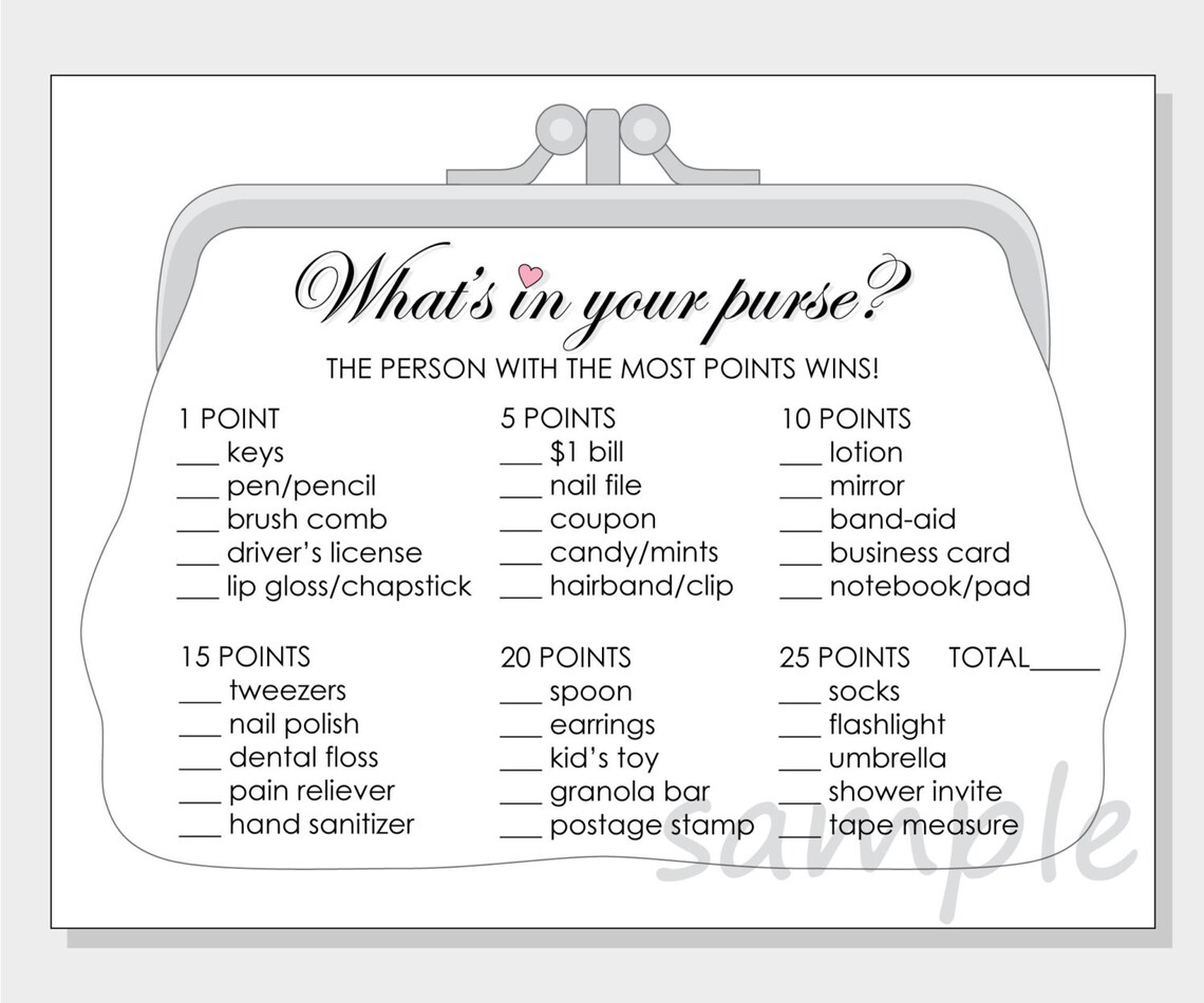 DIY What's in your purse Printable Bridal Shower Game Etsy