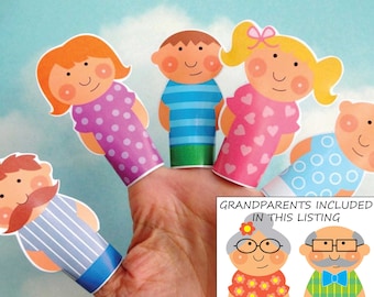 DIY Printable Finger Puppet Family PDF Printable Download - Daddy Mommy Brother Sister Baby Grandma Grandpa - Light Skin and Dark Skin