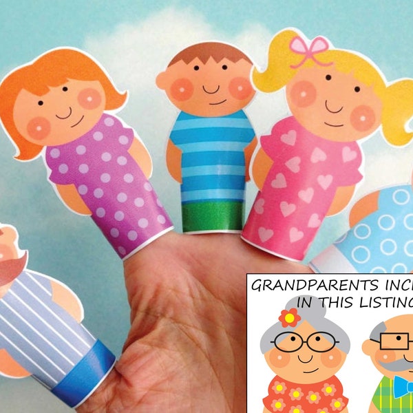 DIY Printable Finger Puppet Family PDF Printable Download - Daddy Mommy Brother Sister Baby Grandma Grandpa - Light Skin and Dark Skin