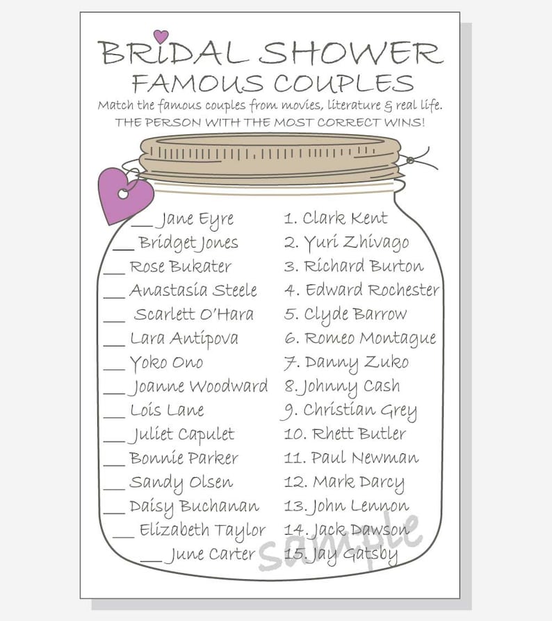bridal shower famous couples printable game cards diy