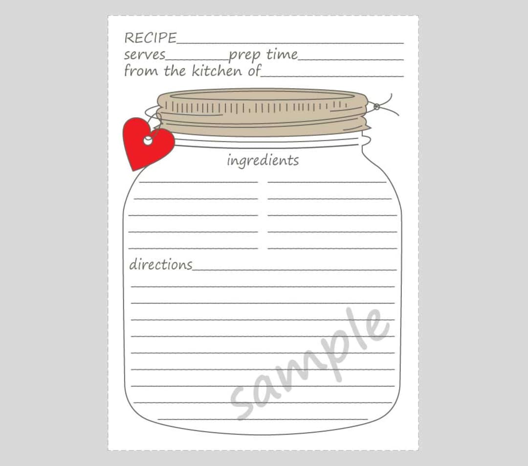 Printable Mason Jar Recipe Cards for a Bridal Wedding Shower Vertical ...