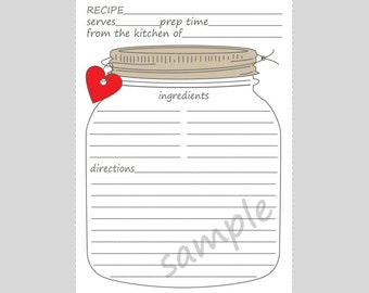 Printable Mason Jar Recipe Cards for a Bridal - Wedding Shower- Vertical 5x7 With Tan Lids DIY - red hearts - pink hearts