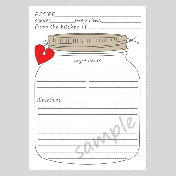 Printable Mason Jar Recipe Cards for a Bridal - Wedding Shower- Vertical 5x7 With Tan Lids DIY - red hearts - pink hearts