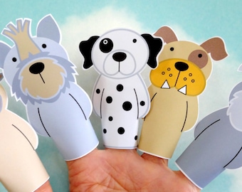 Dog Finger Puppets - Diy Printable Dog Breed Puppets - Dalmatian - Yorkie - Bulldog - Pug - Schnauzer Birthday Party Favor PDF Download