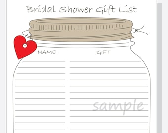 Bridal Shower Gift List Printable DIY - Mason Jar Design with red, purple or pink heart