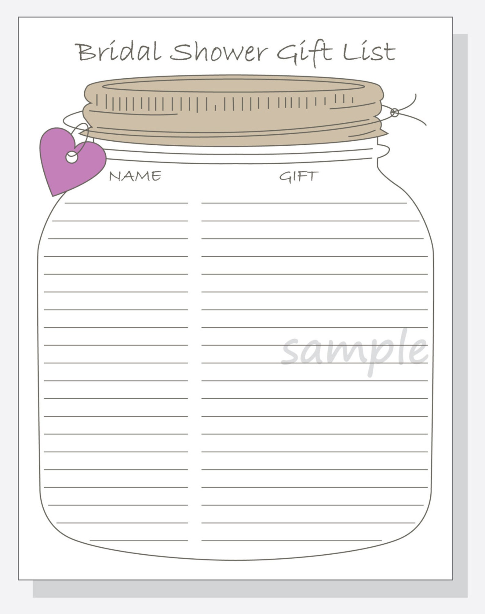 Bridal Shower Gift List Printable DIY Mason Jar Design With | Etsy