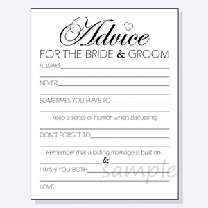 DIY-advies voor de bruid en bruidegom Afdrukbare kaarten voor een douche of bruiloft - Elegant ontwerp - altijd, nooit, enz.
