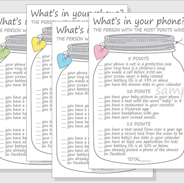 What's in your phone? Baby Shower Game Printable DIY Cell Phone Mason Jar - girl - boy - gender neutral - pink, blue, yellow & green hearts