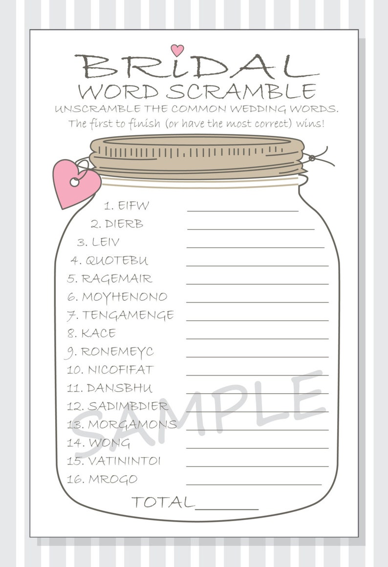bridal word scramble printable game cards bridal shower