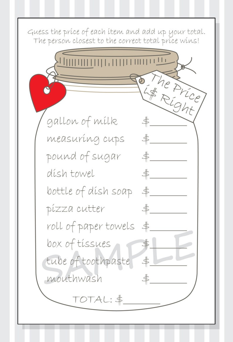 The Price is Right Printable Game Cards for a Bridal Shower - Etsy