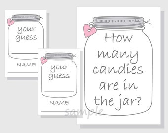 How many candies are in the jar? Printable Game - Candy - Mason Jar - Girl Baby Shower - Bridal Shower - pink hearts