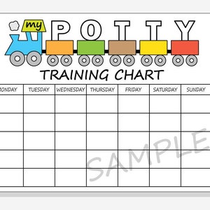 May include: A printable potty training chart with a cartoon train and the words "My Potty Training Chart". The chart has spaces for each day of the week, Monday through Sunday.