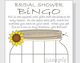 Bridal Shower Bingo Printable Cards - Gift Bingo - Rustic Mason Jar Design with Sunflower DIY