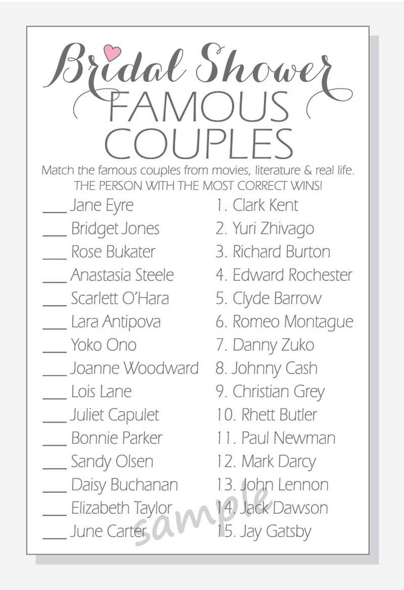 DIY Famous Couples Game Printable Cards for a Bridal Shower - Etsy