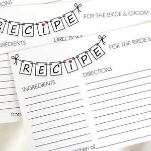 Tarjetas con recetas de banderines para imprimir y hacer tú mismo para la despedida de soltera de los novios en tamaños de 4 x 6 y 5 x 7