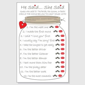 He Said... She Said Printable Cards Bridal Shower Game DIY Rustic Mason ...