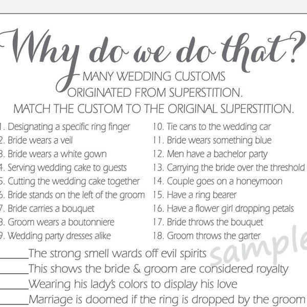 DIY Why do we do that? Printable Cards - Bridal Shower Game with Answer Key