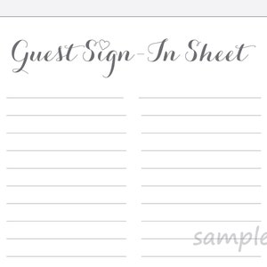 DIY Guest Sign-In Sheet Printable for a Wedding, Bridal Shower, Anniversary Party - Script with red, purple, pink or clear heart