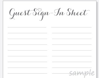 DIY Guest Sign-In Sheet Printable for a Wedding, Bridal Shower, Anniversary Party - Script with red, purple, pink or clear heart