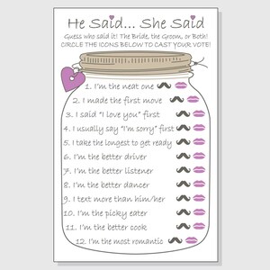 He Said... She Said Printable Cards Bridal Shower Game DIY Rustic Mason ...