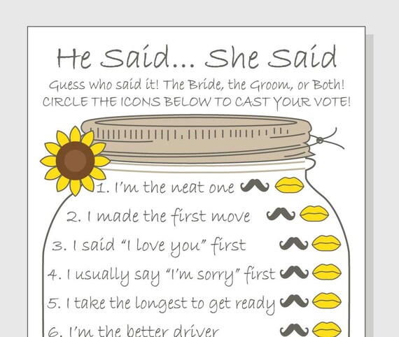 He Said... She Said Printable Cards Bridal Shower Game DIY - Etsy