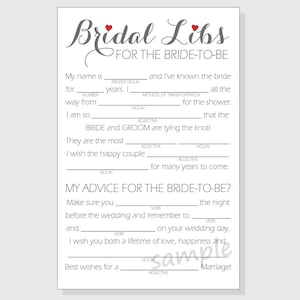 DIY Bridal Shower Mad Libs Game Printable Cards Clear, Red, Purple and ...
