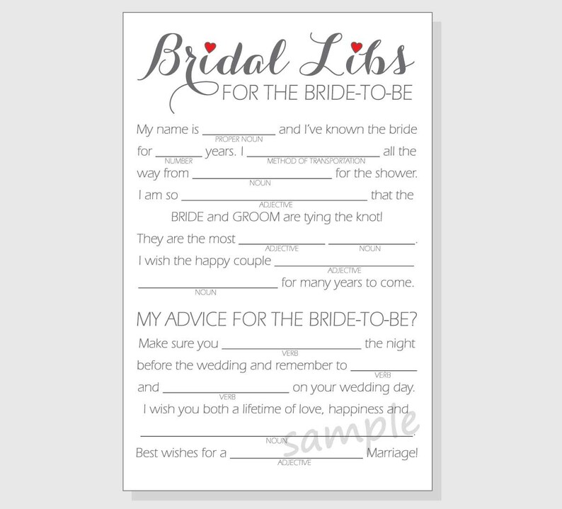 DIY Bridal Shower Mad Libs Game Printable Cards Clear | Etsy